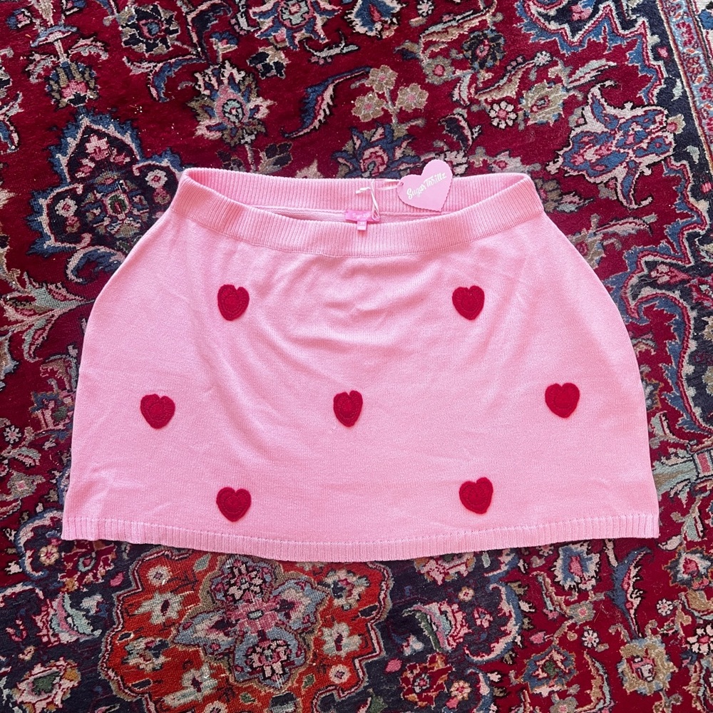 Sugar Thrillz Pink Knit Skirt with Red hearts from Dolls Kill